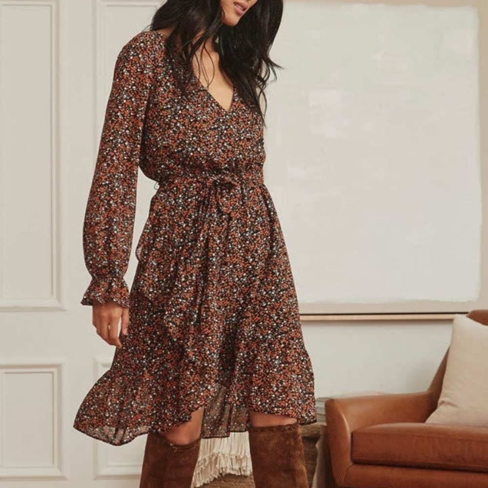 RW&Co Long Sleeve Printed Chiffon High-Low Dress